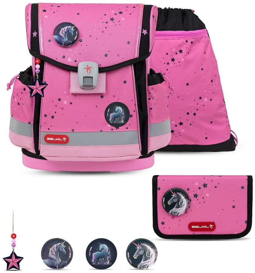 Ученически комплект Belmil Pink Black – раница, несесер, мешка и три значки