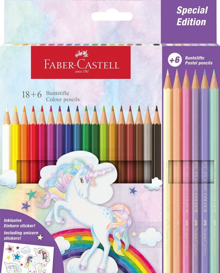 Цветни моливи Faber-Castell Grip 2001 – Еднорог, 18 + 6 цвята