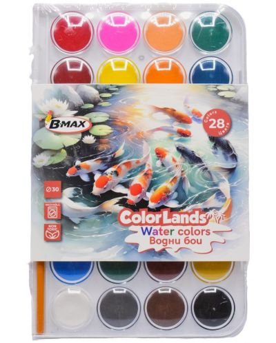 Водни бои B-Max Color Lands – 28 цвята, с четка