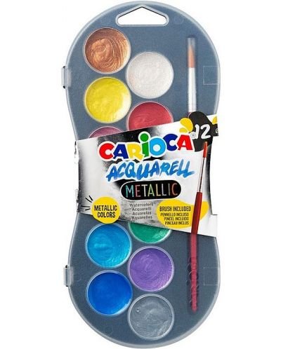 Водни бои Carioca Metallic – 12 цвята, с четка